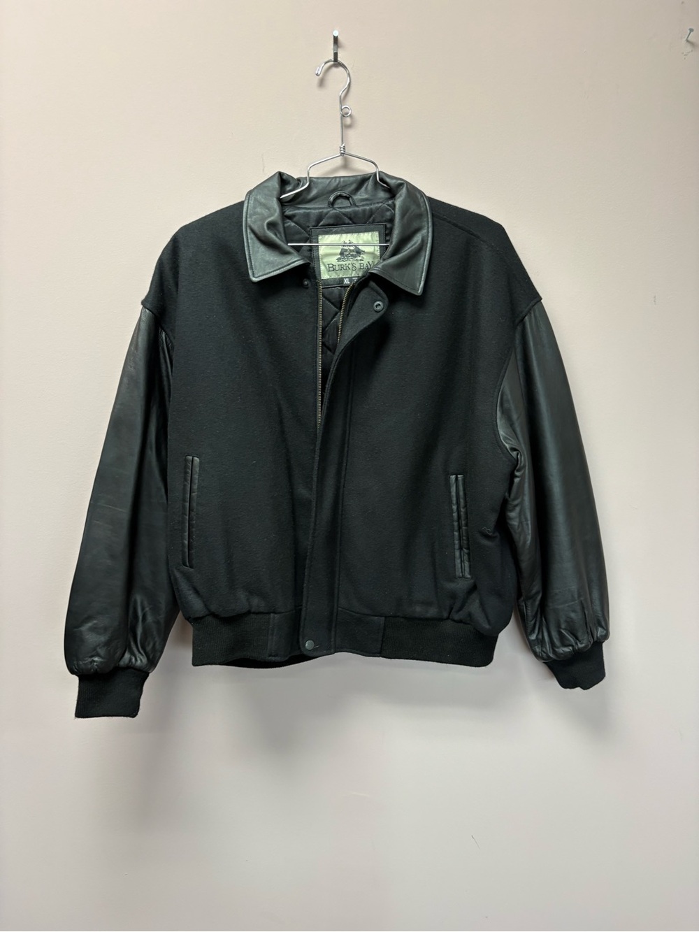 Black Leather-Sleeve Bomber Jacket by Burks Bay